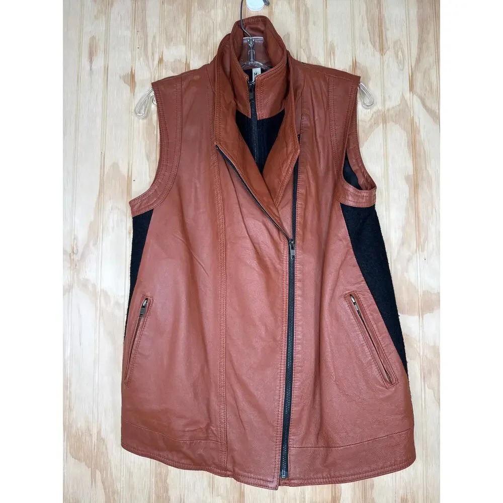 Mural Leather Moto Biker Vests Brown Black Zips Front Stretch Back Womens Medium - Picture 9 of 11